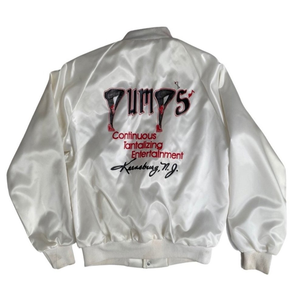 Vintage Mens White Satin Nylon Eagle Snap Button Bomber Jacket Pumps of Keensbur